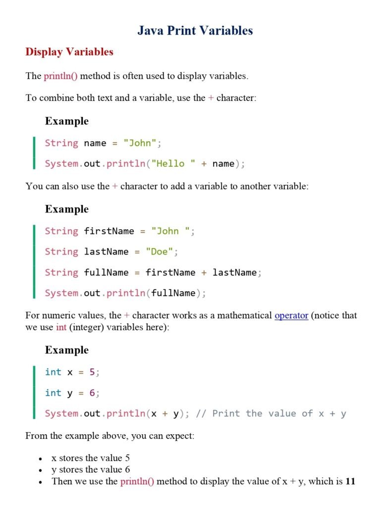 Java Print Variables